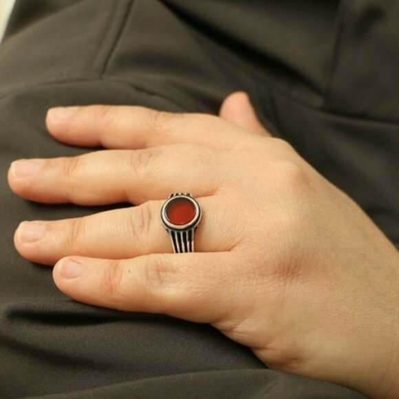 925 Sterling Silver Men's Rings Red Agate - Picture 3 of 6